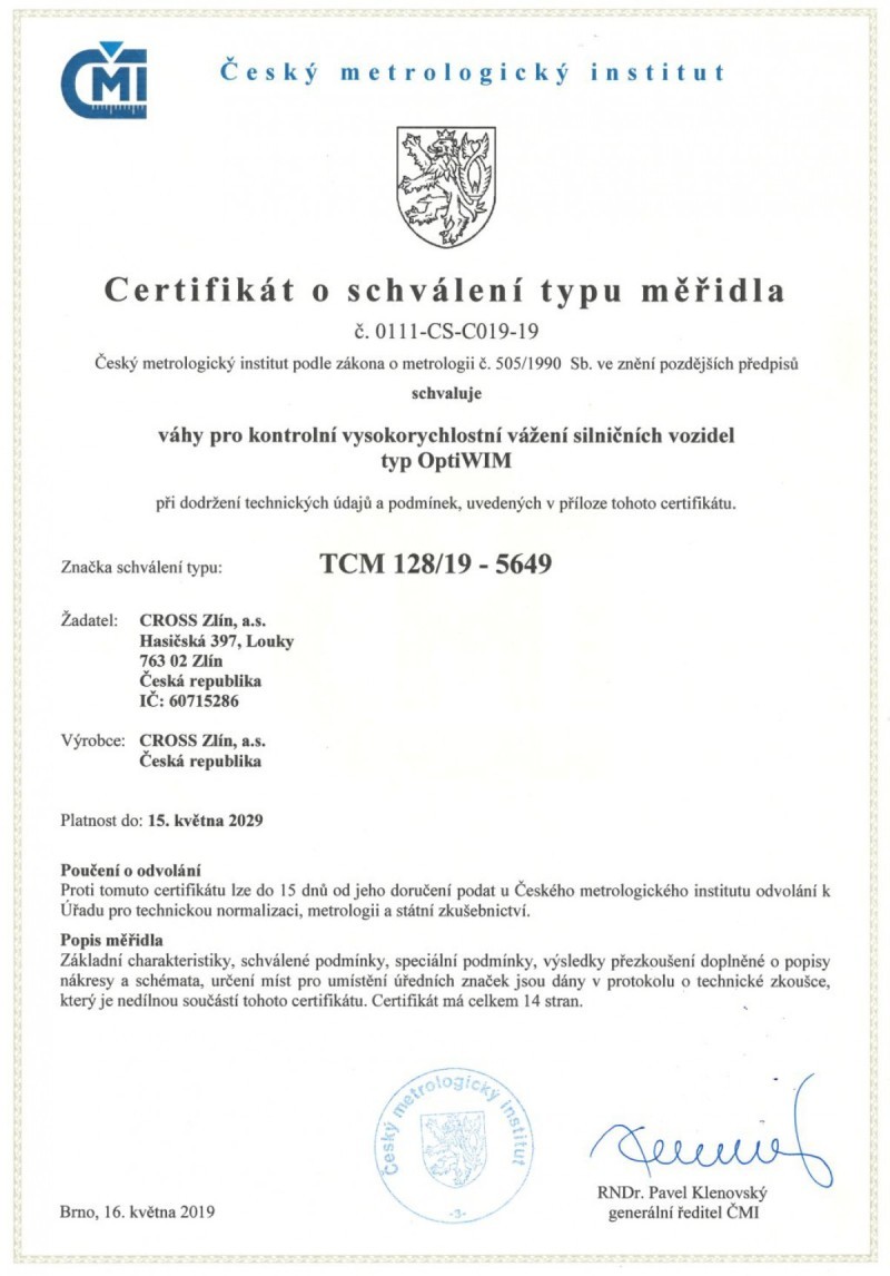 Overloaded vehicles are Weighed using an Optical Sensor - CROSS Zlín's Unique Technology has received a Certificate